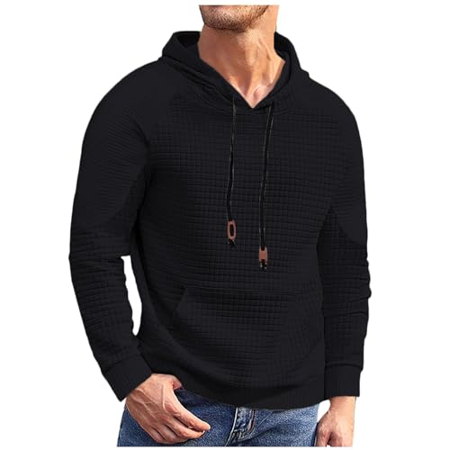 Hoodies for Men Casual Long Sleeve Plaid Textured Pullover Tops Hooded Solid Color Sweatshirts with Pockets