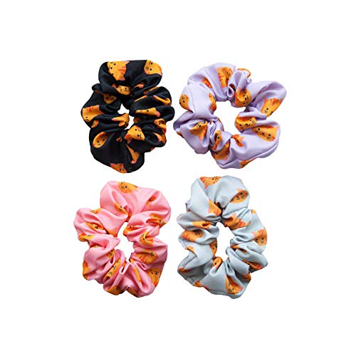 Happie Hare Scrunchies - Cotton Rounds Elastic Hair Bands - Scrunchy Hair Ties - Girls Hair Accessories - Gifts for Women (4 Pack, Cat Scrunchie)