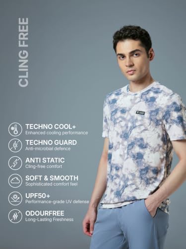 Image of TECHNOSPORT Men's Polyester Slim Fit All Over Print Crew Neck Half Sleeve T-Shirt with Technocool+,SPF50+ and Quick Dry