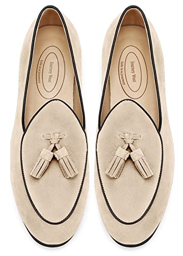 Journey West Men's Tassel Slip-on Loafer Belgian Suede Loafers Casual Leather Shoes for Men