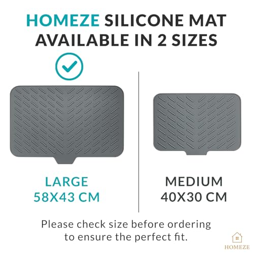 Image of Homeze Large Kitchen Silicone Drying Mat 58x43 cm - Built-in Drain Lip Organizer Tray for Utensils, Heat Resistant Trivet, Protects Countertops, Prevents Water Accumulation, Easy to Clean (Grey)
