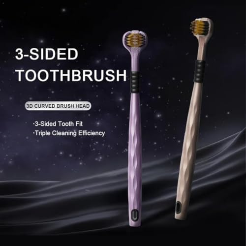 Image of 3-Sided Toothbrush with U-Shaped Triple Head Design, Dual Bristle Arrangement, Curved Brush Head, Ergonomic Handle with Non-Slip Grip, Multi-Color Toothbrush Set (Pack of 3)