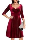 Velvet Christmas Dress Vintage Cocktail Formal Party Wedding Guest Swing Dress Long Sleeve Winter Midi Wrap Dress V-Dark Red L