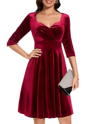 Red Velvet Christmas Party Holiday Dress Long Sleeve Vintage Cocktail Formal Wedding Guest Swing Winter Midi Dress V-Dark Red 2XL