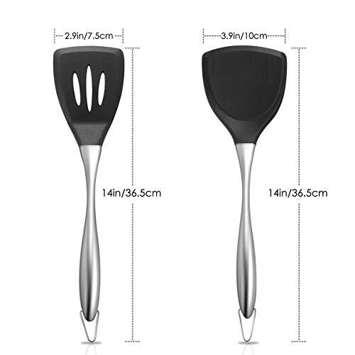 Image of Kitchen Heat Resistant Silicone Spatula Set (Pack of 2) Multipurpose Solid and Slotted Spatulas - Nylon Utensils with Nonstick, 304(18 /10) Stainless Steel Durable Handle (Black)