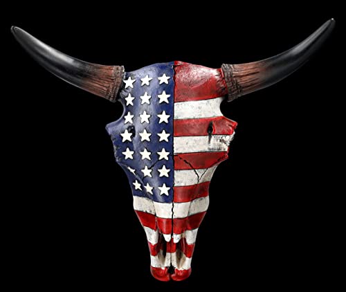 Figuren Shop GmbH Wanddeko Totenkopf Rind US Flagge 31 cm groß - Relief mit Hörnern | Trophäe Kopf Rind Longhorn Bulle Büffel Schädel Indianer Cowboy USA Deko Fahne Amerika