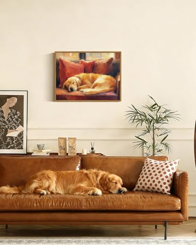 Image of ARPEOTCY Vintage Framed Canvas Wall Art, 12x16inch, Farmhouse Sleeping Dog Wall Decor, Animal Art Prints Home Decorations, Labrador Paintings for Living Room Bedroom Office Decor