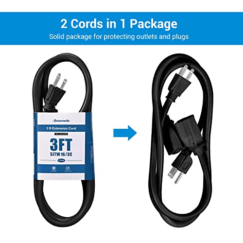 Dewenwils 3 Foot Extension Cord, 16 Awg Sjtw Weatherproof Power Cable For Indoor Outdoor Use, 3 Prong Grounded Outlets Plugs For Lights, Black, Etl Listed, 2 Pack #TOP3