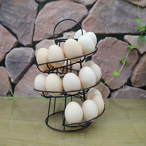 Spiral Design Egg Skelter with 2 Egg Cup Holders, Large Modern Deluxe Egg Storage Dispenser Rack for Countertop Kitchen, Black