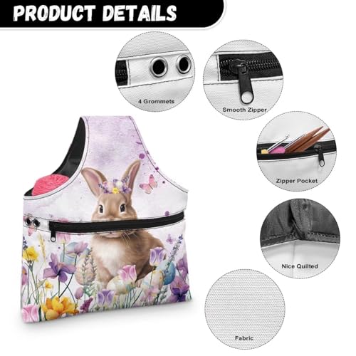 Image of KUIFORTI Cute Bunny Yarn Bag Easter Crochet Tote Bag Floral Yarn Storage Bag Organizer Travel Wrist Bag Lightweight Yarn Tote Bags for Crocheting on The Go Gifts for Mom Outdoors