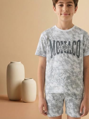 Image of Li'l Tomatoes Boys 100% Cotton Night Suit Set | Half Sleeve T-Shirt & Shorts | Color Block & Typography Print | Soft & Breathable Sleepwear | Casual Summer Wear | 9-16 Years