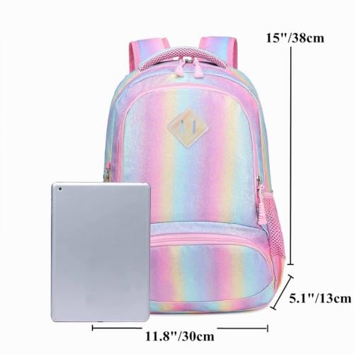 A AM SeaBlue Sac à Dos Filles Multicolore Cartables École Primaire Sacs Scolaires + Trousses, Paillettes Sacs à Dos Enfant Rainbow Backpack Glitter – vue 6