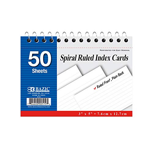 BAZIC 50 Count Spiral Bound 3" X 5" Ruled White Index Card, Lined Study Reminder Note Cards Flash Cards, for Learning Memory Recipe Office School Home, 1-Pack