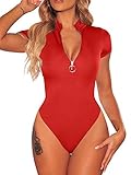 BEAGIMEG Women's Sexy Zipper Front Bodysuit Tops Short Sleeve Jumpsuit Leotard Red