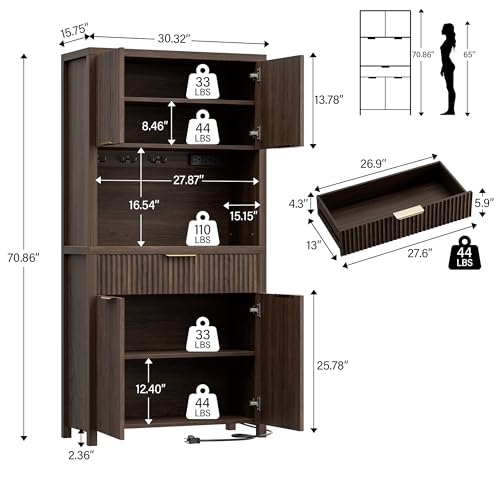 Image of Lulive 71 inch Fluted Pantry Cabinet with Charging Station, Brown | Adjustable Shelves, Open Countertop, Drawer, Spacious Kitchen Storage