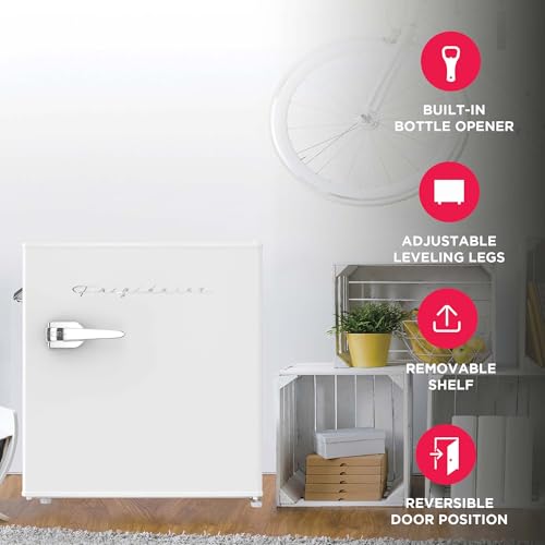 Frigidaire Retro Compact Fridge with Chiller, Countertop, Built-In Bottle Opener, Compact Refrigerator 1.6 cu ft, Mini Fridge for Office, Bedroom, Dorm Room or Cabin - 16" D x 18" W x 18.5" H (White) on Fridge.com