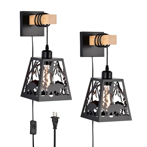 Image of Plug in Wall Sconces Set of 2,Bear Matte Metal Rustic Sconces Wall Lighting,Black Farmhouse Wall Sconces,Bathroom Light Fixtures Indoor,Industrial Wall Lamps for Bedroom,Living Room,Bedside