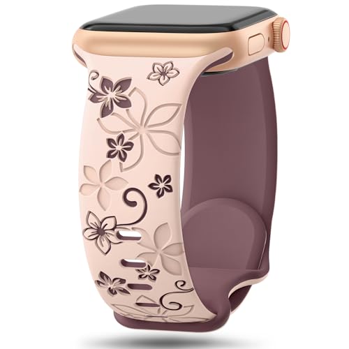 Armband mit Blumengravur, kompatibel mit Apple Watch, für 41 mm, 40 mm, 44 mm, 45 mm, 42 mm, 38 mm, 46 mm, 49 mm, für Damen, niedliche Blume, iWatch-Armbänder, weiches Silikon, Sportarmband für iWatch