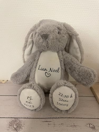 mamir home Geburtsgeschenk Baby Jungen & Mädchen | Hase Kuscheltier personalisiert mit Name & Geburtsdaten I 34cm I Geschenkidee zur Geburt I Taufe