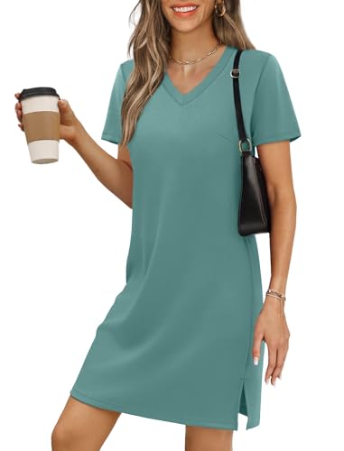 RUMIA Summer Casual Dresses for Women 2026 Mini Vacation Dress V-Neck Short Sleeve Split Hem Beach Sundress Lakeblue 2XL