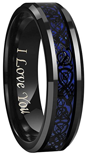 CROWNAL 6mm 8mm Blue/Green Carbon Fiber Black Celtic Dragon Tungsten Carbide Wedding Band Ring Engraved I Love You (6mm,7)
