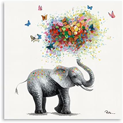 Yidepot Butterfly Elephant Wall Art Print: Colorful Heart Shaped Balloon for Kids' Nursery Wall Decor Canvas Framed Ready to Hang (12"x12"x1 Panel)