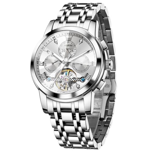 Image of OLEVS Men's Automatic Watch Batteryless Waterproof Mechanical Self Winding Stainless Steel Dress Luxuxry Wrist Watch with Tourbillon, Day-Day-Year & Chronograph Gift for Him Relojes de Hombres