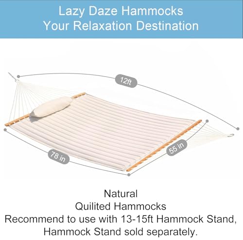 Lazy Daze Hammocks 12 FT Double Quilted Fabric Hammock with Spreader Bar and Detachable Pillow, 2 Person Hammock for Outdoor Patio Backyard Poolside,