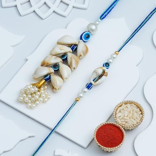 Image of eCraftIndia Beautiful Shell Pearl Designer Bhaiya Bhabhi Rakhis with Best Bro Ever Fridge Magnet | Set of 2 Rakhi for Brother and Bhabhi | Lumba Rakhi | Roli Chawal Pack