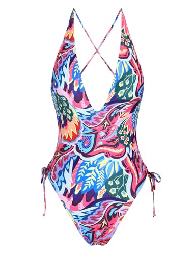 Image of ZAFUL Women Plunging One Piece Swimsuit Backless Cross Tie High Cut Thong One-Piece Bathing Suit