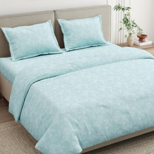 Image of Haus & Kinder King Size Bedsheet for Double Bed with 2 Pillow Covers 108 Inch x 108 Inch| Premium Soft & Silky Pure Cotton 300 TC Flat King Bedsheet | Ashen Blossom Mint