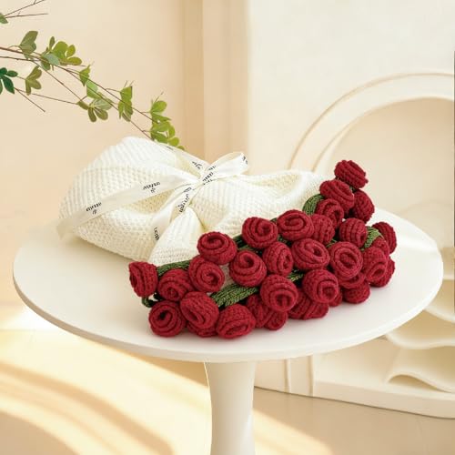SoffMoiis 47-Inch Round Crochet Rose Flower Bouquet Blanket for Bed & Couch, Romantic Gift for Wedding, Birthday, Valentine, Christmas, Home Decor (Red)