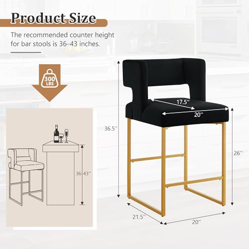 Image of Counter Height Bar Stools Set of 4, Black Velvet Bar Chair Gold Leg