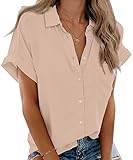 Beautife Womens Short Sleeve Shirts V Neck Collared Button Down Shirt Tops with Pockets Pink