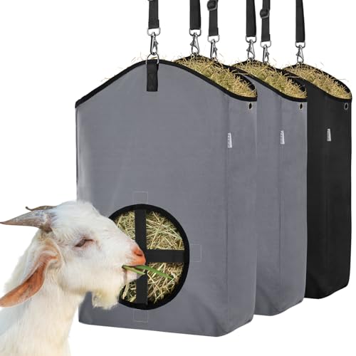 MIYABALA 3 Packs Goat Hay Feeder,Hay Bags for Goats,Horses,Sheep,Premium 600D Oxford Cloth,with Metal Fastener and Adjustable Open Feed Hole for Slow Feeding. (1 Black+2Grey)