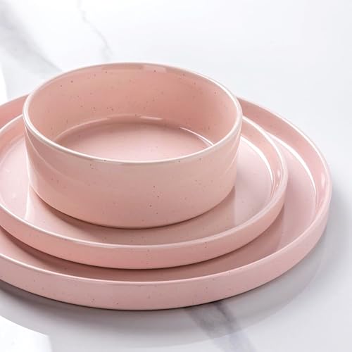 GBHOME Geschirrset für 4 Personen, 12-teiliges Steingut-Set mit gesprenkeltem Design & glasiertem Boden, kratzfest & splitterfest, spülmaschinenfest & mikrowellengeeignet,Rosa