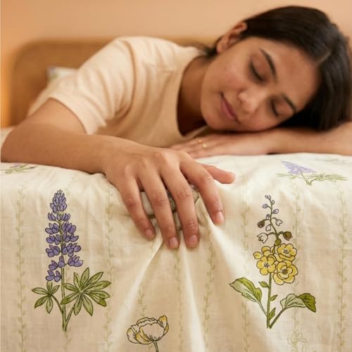 Image of Sleepy Threads King Size Blended Cotton Bedsheet with Soft and Breathable Fabric, Wrinkle Free Golden Brown Leaf Print Bedroom Bedding Set, 1 Bedsheet with 2 Pillow Cover (108x108 Inch, Light Beige)