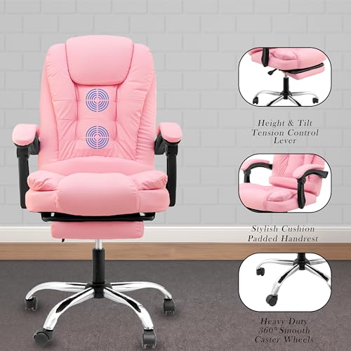 Image of Italia Leatherette Office Chair for Work | Boss Chair, Luxurious Cushioned Arms & Seat, 2 Point Back Massager, Adjustable Leg Rest, Heavy Duty Metal Base (Pink)