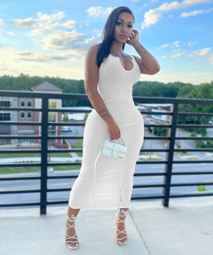 Image of Nimsruc Women Casual Sexy Deep U Neck Tank Top Bodycon Dress Summer Sleeveless Wrap Long Basic Party Club Maxi Dresses