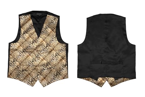 Men's Dress Vest TIGER Animal Pattern Design with Black Background. Animal Zoo Striped Mens Necktie and Hanky Set2