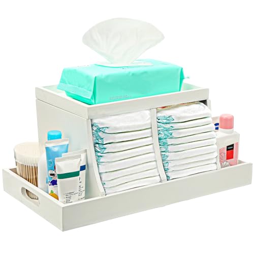 Image of Three colors Diaper Caddy Organizer, Wooden Diaper Organizer, Baby Nursery Organization Diaper Storage Organizer with Removable Dividers (white)