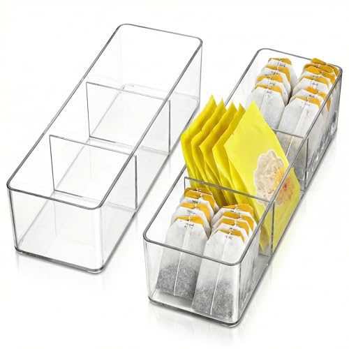 QWORK® 2-Pack Acrylic Tea Storage Box for Teabags, Coffee Bags and Sweeteners - 3 Compartment Containers