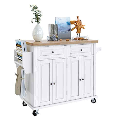 Kitchen Island On Wheels, 43“ Rolling Mobile Kitchen Island Cart With Drawers And Storage Cabinet, Kitchen Cart With Rubberwood Countertop And Spice Rack, Towel Rack, Adjustable Shelves, White #TOP7