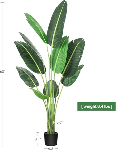 GarveeHome 60 inchs Artificial Tree Bird of Paradise Artificial Plant with 10 Trunks Fake Tree - 5 Feet Faux Plants Fake Banana Tree Plant with Pot Artificial Trees for Home Decor Indoor Outdoor