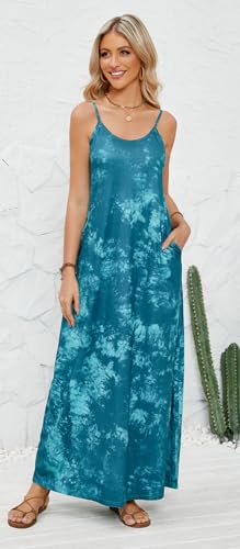 Image of Supnier Women's Summer Maxi Dress Casual V-Neck Sleeveless Bohemian Spaghetti Strap Floral Long Maxi Dress with Pockets