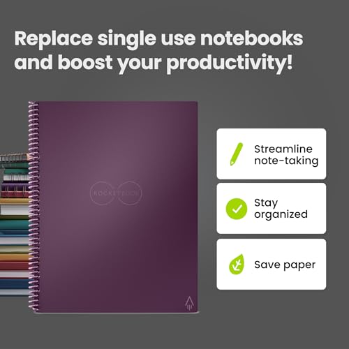 Image of Rocketbook Core Reusable Spiral Notebook, Letter Size 8.5x11, Plum - Dotted Pages, App-Connected, Erasable, Durable Cover, Ideal for School, Work, and Creative Projects