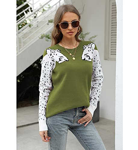 Mansy Women'S Casual Long Sleeve Crew Neck Cute Animal Leopard Print Knitted Pullover Sweater Tops Green thumb #1