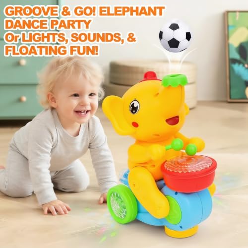 Image of Gooyo USB Rechargeable Drummer & Dancing Cute Elephant Toy for Kids with Smoke Effect, Blowing Ball Fun Feature, Flashing LED Lights & Music, Bump & Go Action, Gift Box Packaging