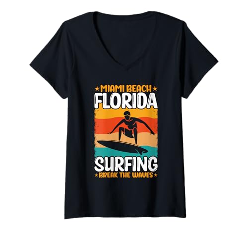 Mulher Miami Beach Florida Surfing quebra as ondas t-shirt decote em V, Preto, S
