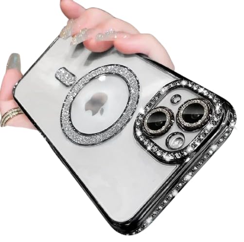Image of Cute Compatible with iPhone 13 Diamon Glitter Case,Luxury Bling Rhinestone Soft Clear TPU Bumper Case,Compatible with MagSfe and Camera Lens Protection Cover for Women Girls (Black)
